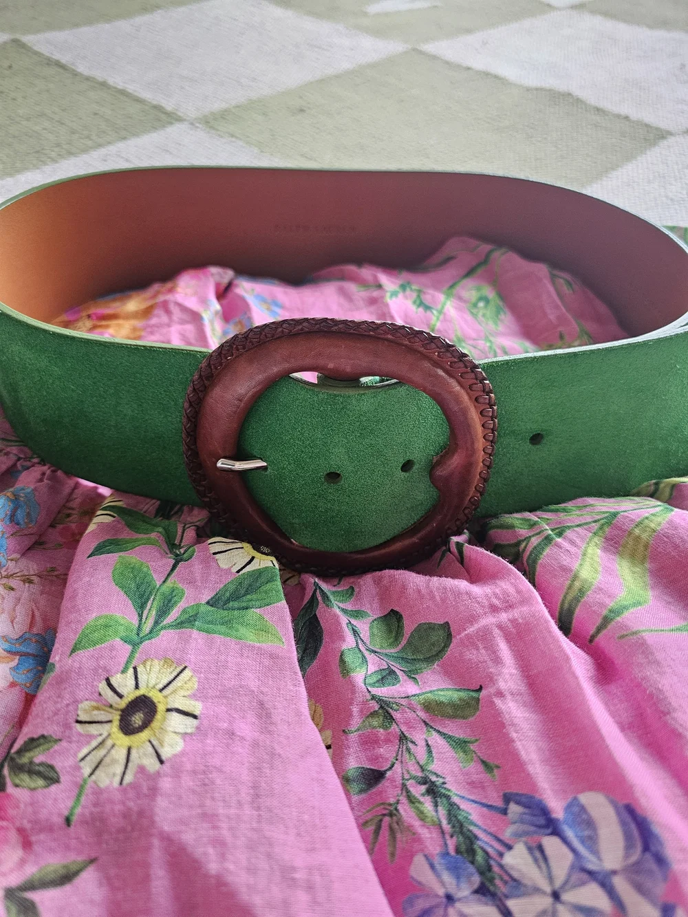 Ralph Lauren Green Suede Wide Belt with Brown Leather Round Buckle